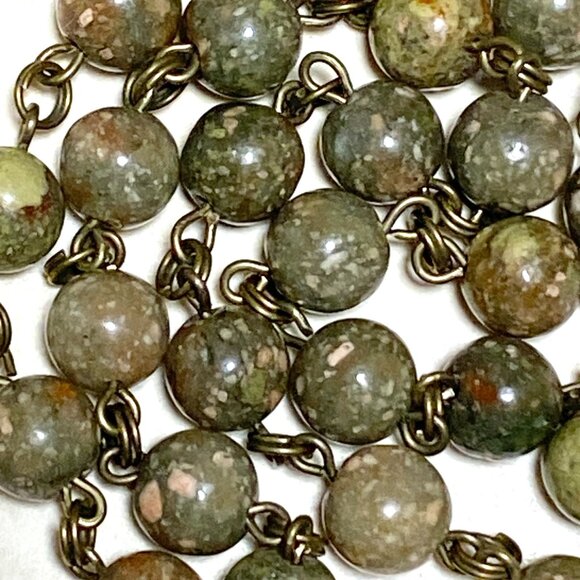 Natural Earthy Unakite Necklace, Cute Bronze Slim Mushroom + Genuine Gemstone - Picture 7 of 15